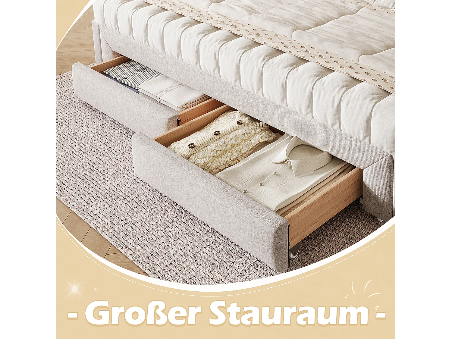 Sofá cama de 90x200 cm, cabecero cuadrado, cama extensible (hasta 180 Queensize), 2 cajones, terciopelo, beige (219,5x183x74 cm)