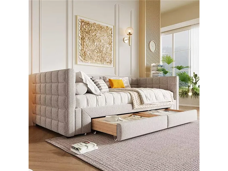 Sofá cama de 90x200 cm, cabecero cuadrado, cama extensible (hasta 180 Queensize), 2 cajones, terciopelo, beige (219,5x183x74 cm)