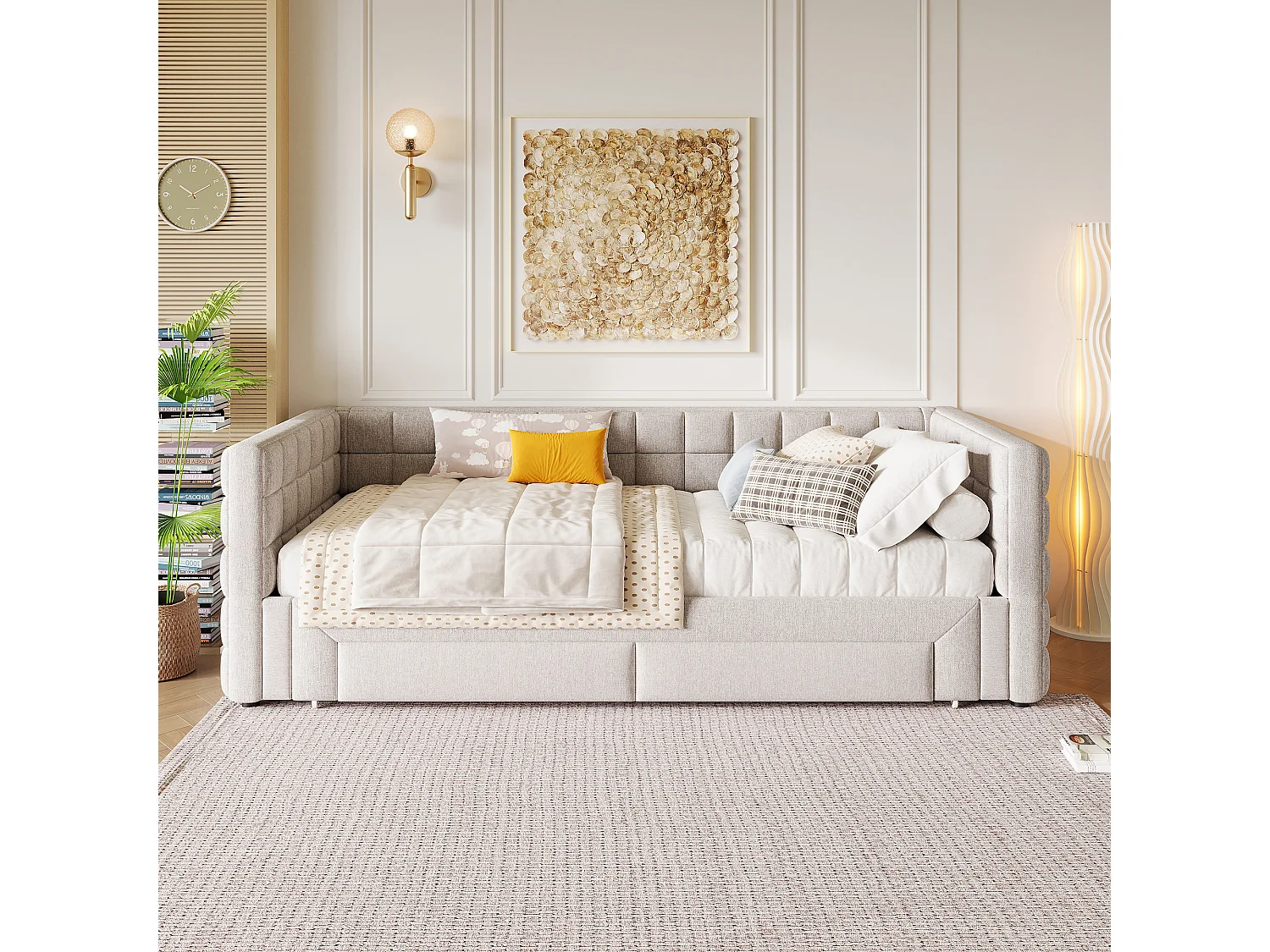 Sofá cama de 90x200 cm, cabecero cuadrado, cama extensible (hasta 180 Queensize), 2 cajones, terciopelo, beige (219,5x183x74 cm)