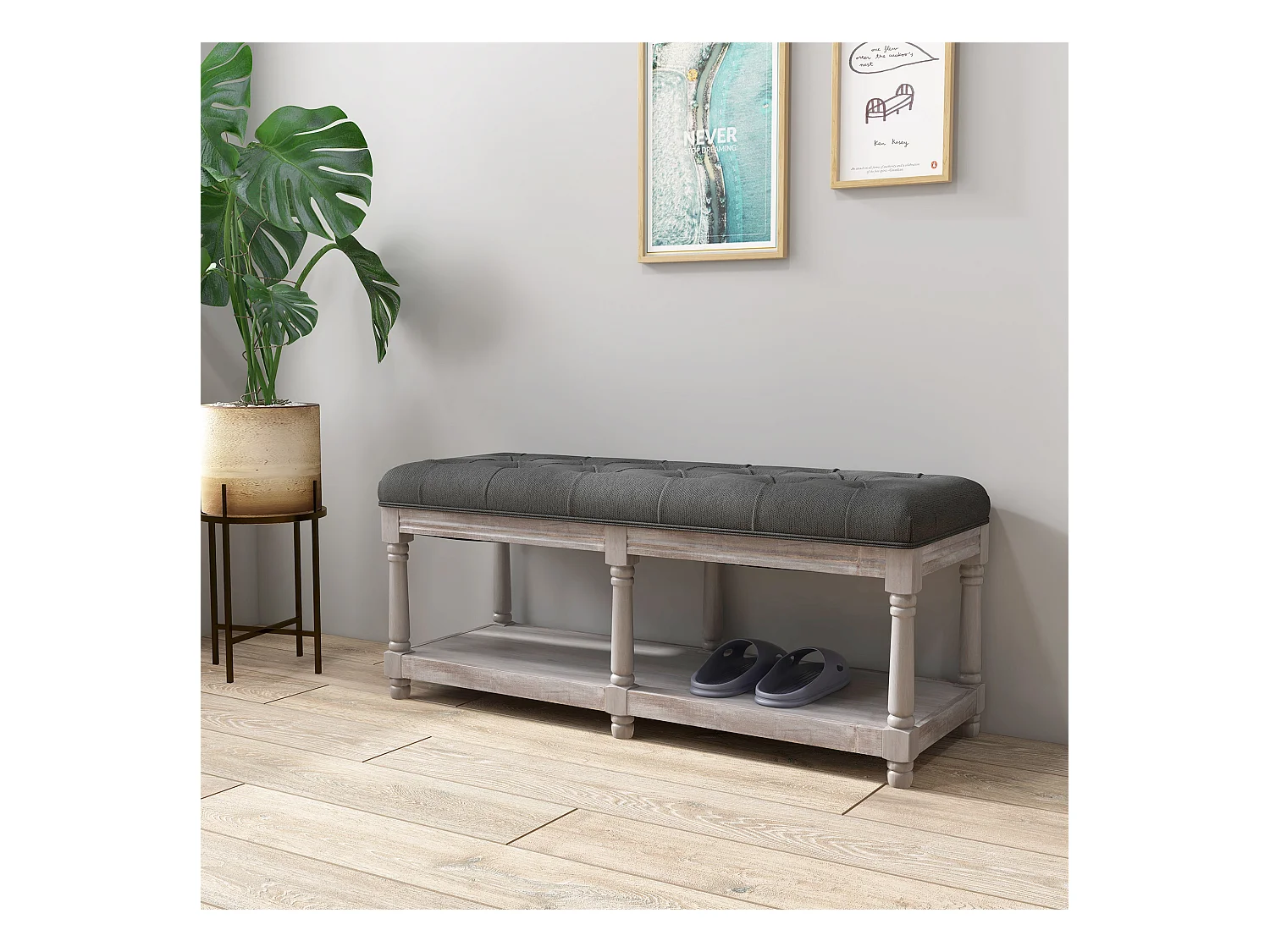 Banc à chaussures avec rangement, assise rembourrée, pieds en bois, tissu lin gris (115x40x48cm)