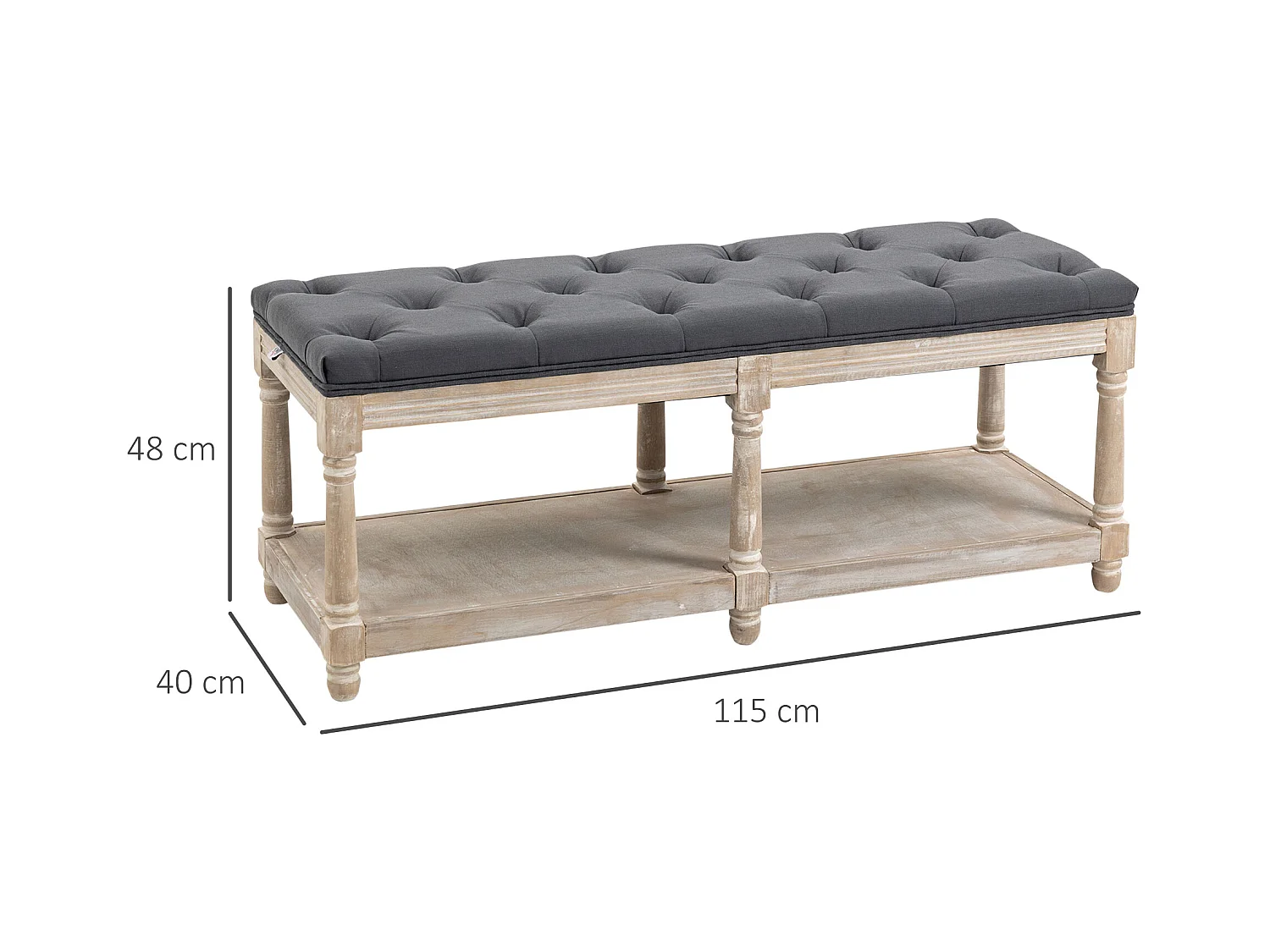 Banc à chaussures avec rangement, assise rembourrée, pieds en bois, tissu lin gris (115x40x48cm)
