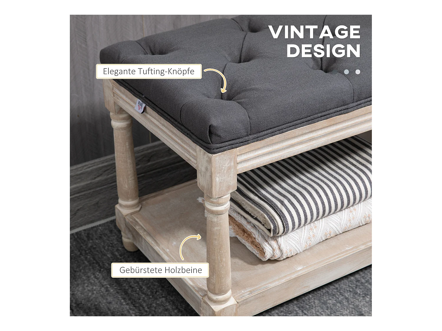 Banc à chaussures avec rangement, assise rembourrée, pieds en bois, tissu lin gris (115x40x48cm)