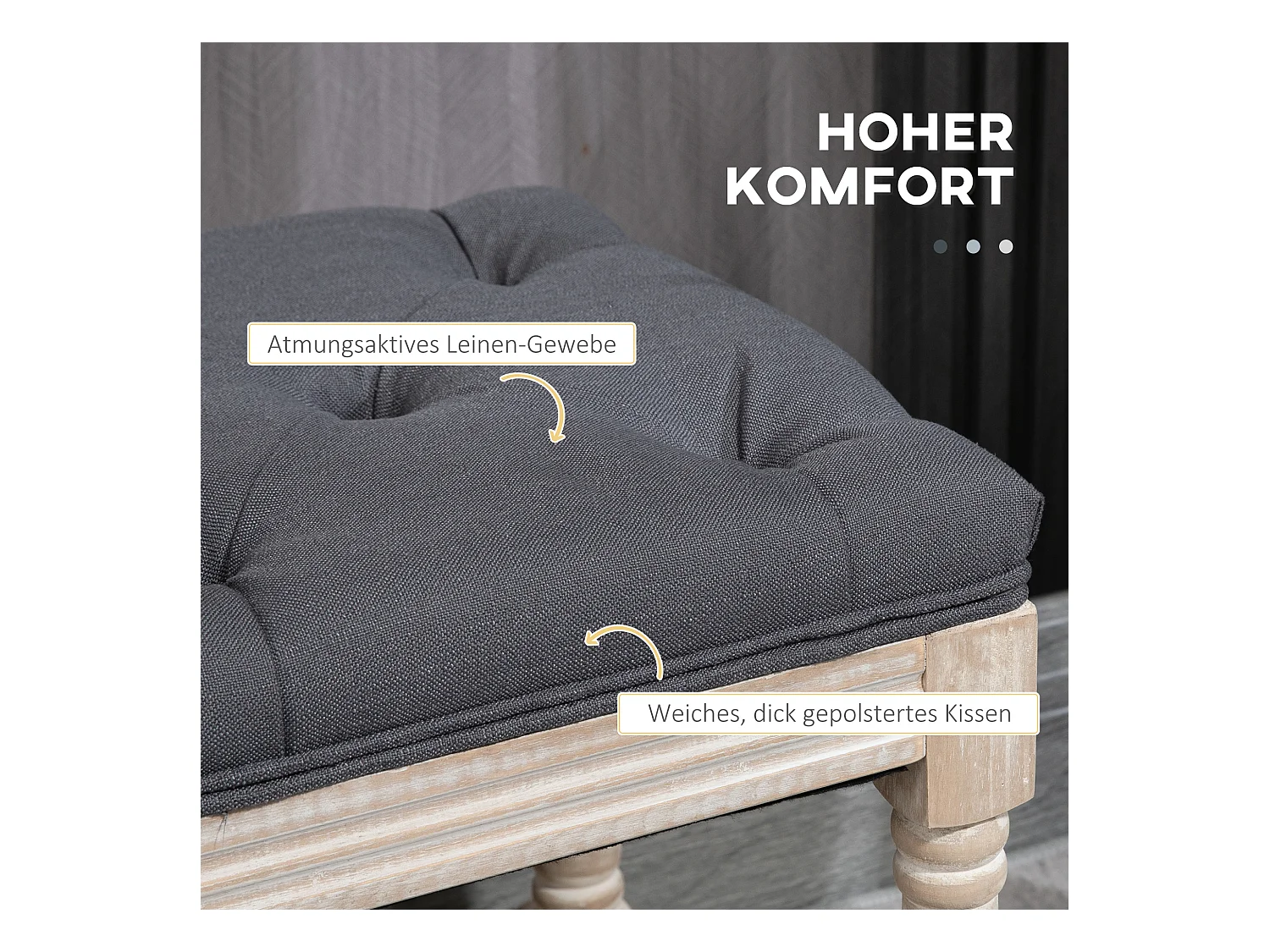 Banc à chaussures avec rangement, assise rembourrée, pieds en bois, tissu lin gris (115x40x48cm)