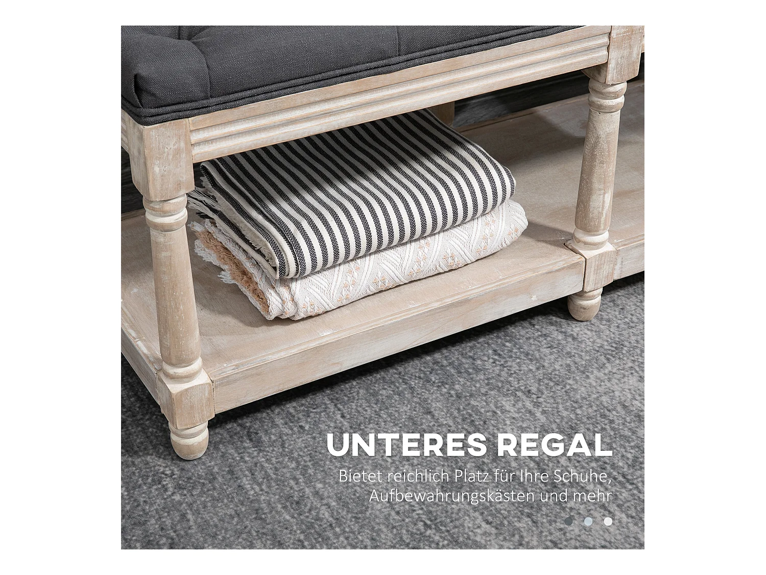 Banc à chaussures avec rangement, assise rembourrée, pieds en bois, tissu lin gris (115x40x48cm)