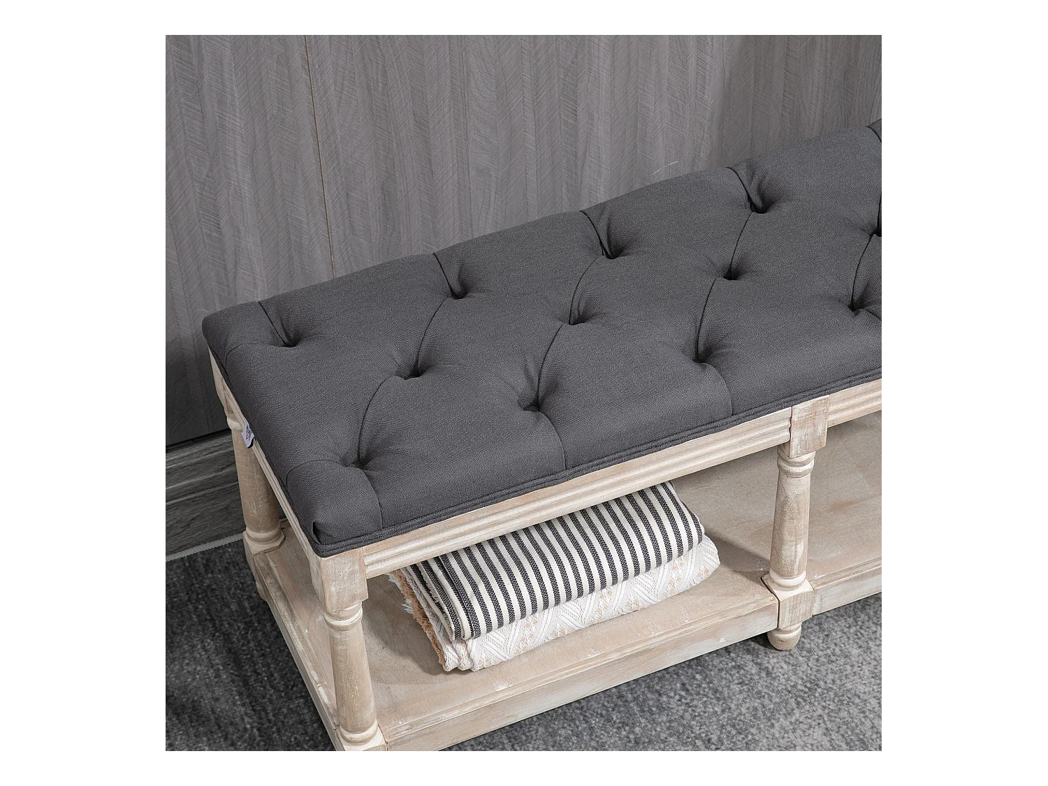 Banc à chaussures avec rangement, assise rembourrée, pieds en bois, tissu lin gris (115x40x48cm)