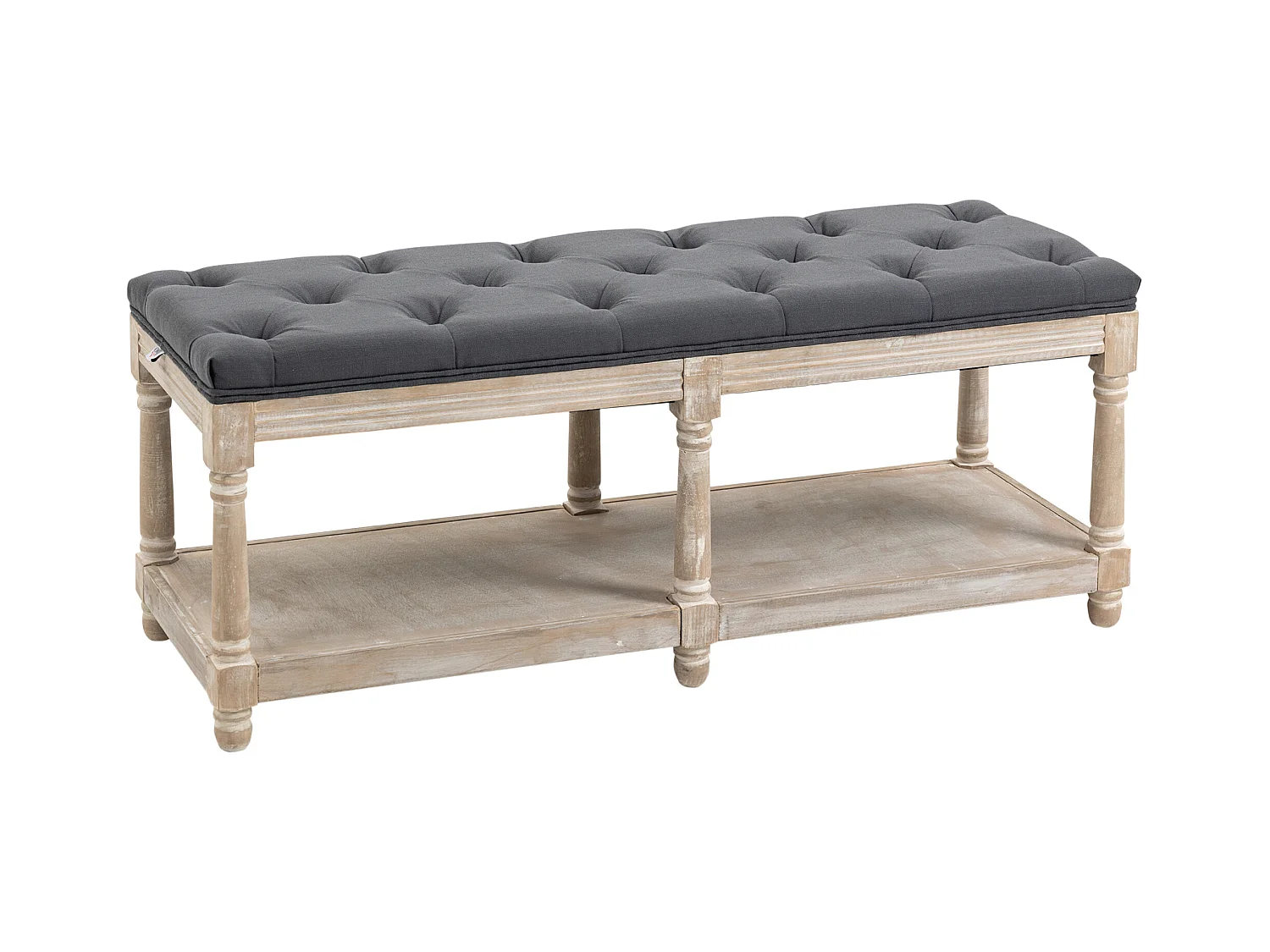 Schoenenbank met opbergruimte, gevoerde zitting, houten poten, grijze linnen stof (115x40x48cm)