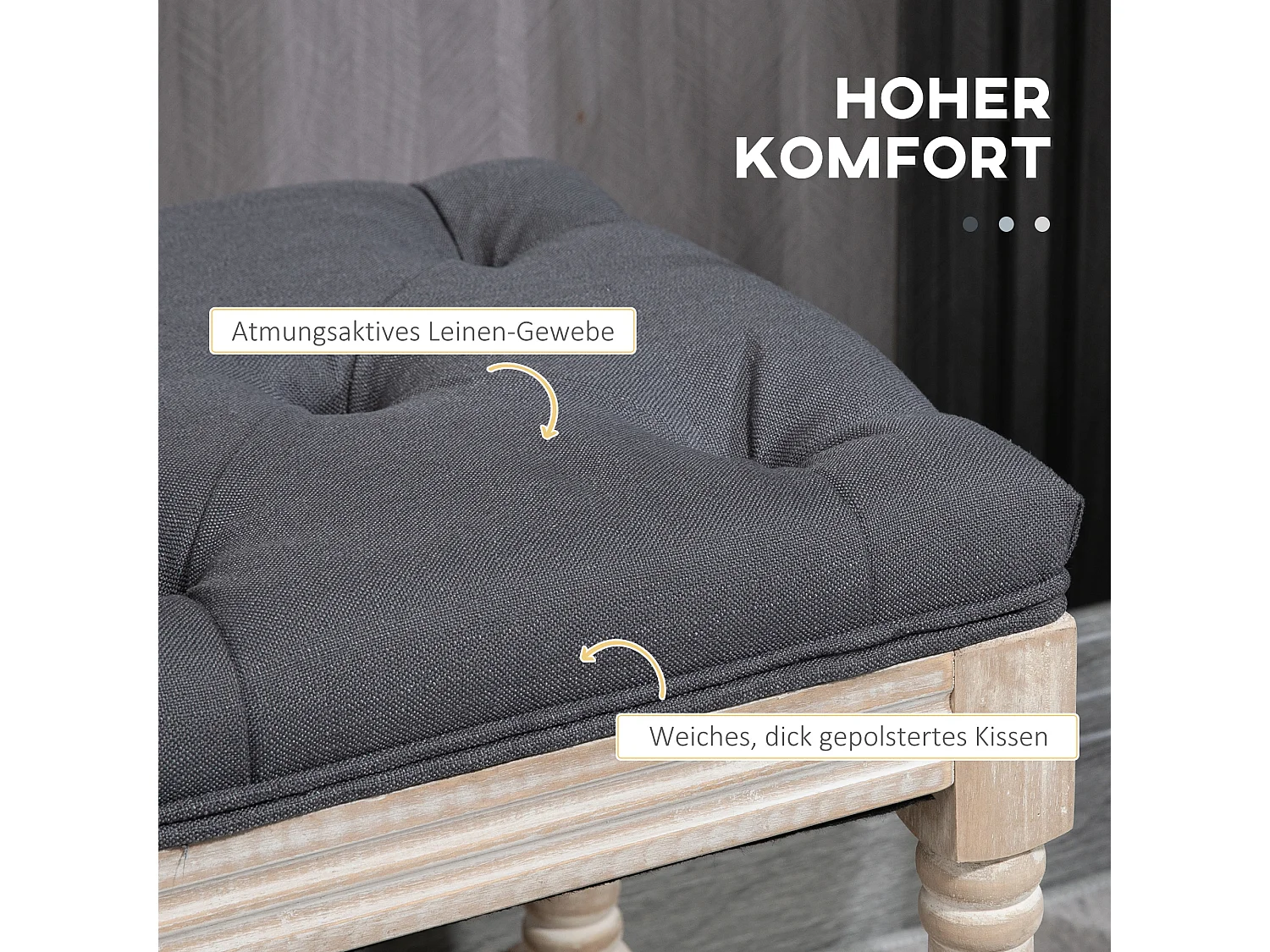 Banc à chaussures avec rangement, assise rembourrée, pieds en bois, tissu lin gris (115x40x48cm)