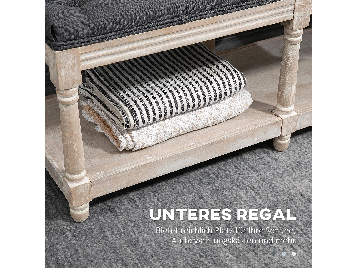 Banc à chaussures avec rangement, assise rembourrée, pieds en bois, tissu lin gris (115x40x48cm)