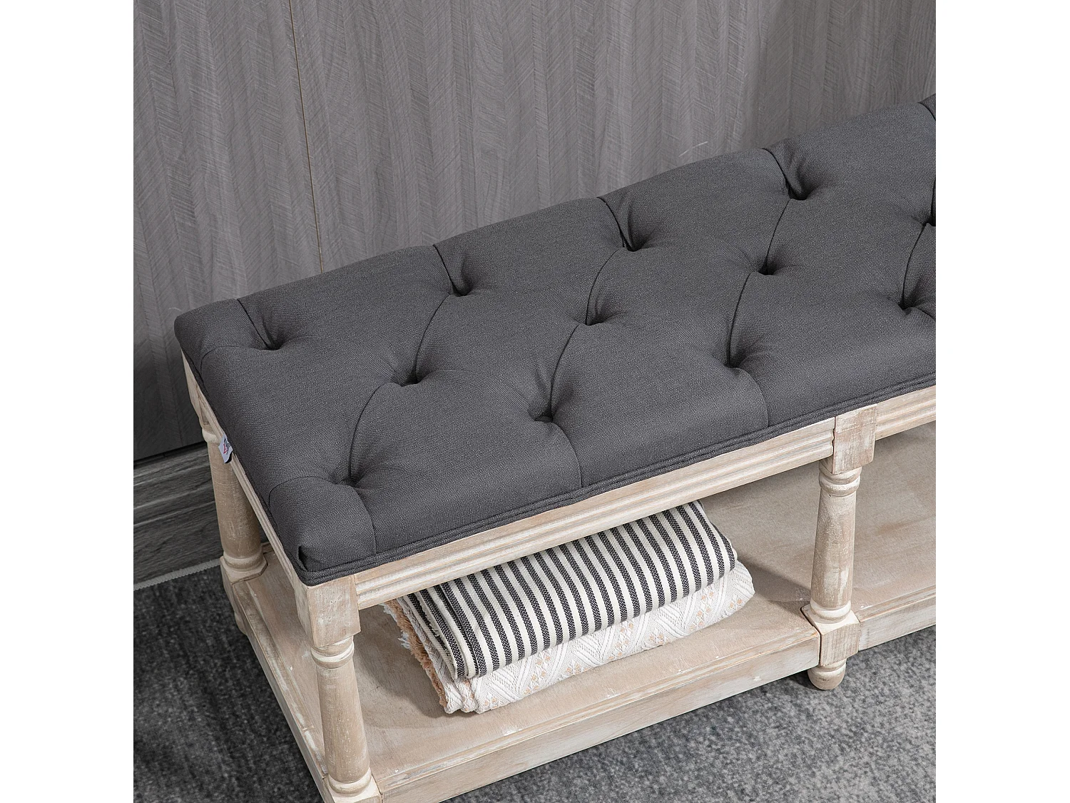 Banc à chaussures avec rangement, assise rembourrée, pieds en bois, tissu lin gris (115x40x48cm)