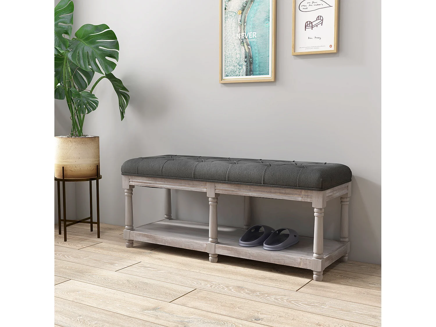 Banc à chaussures avec rangement, assise rembourrée, pieds en bois, tissu lin gris (115x40x48cm)
