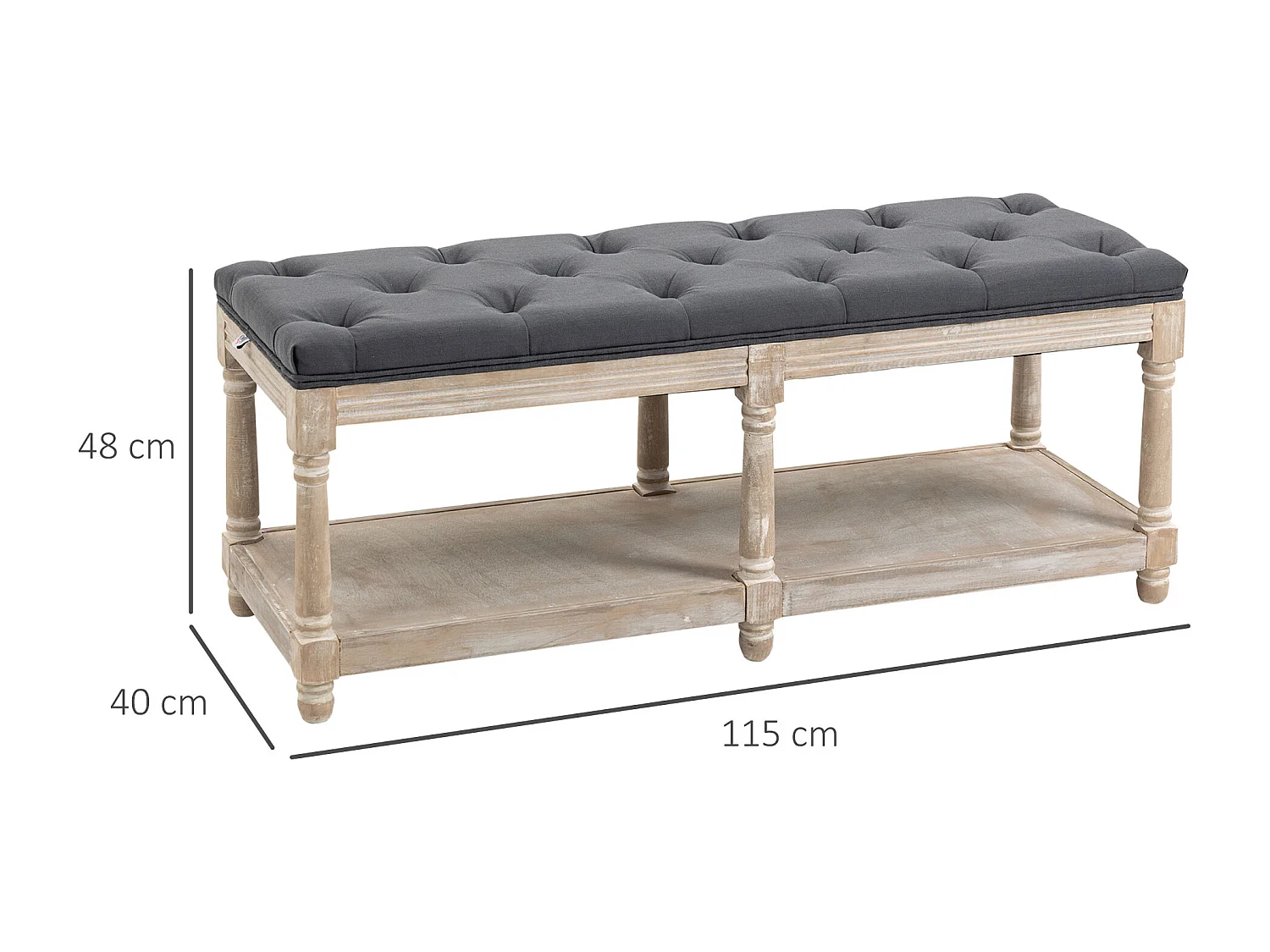 Banc à chaussures avec rangement, assise rembourrée, pieds en bois, tissu lin gris (115x40x48cm)