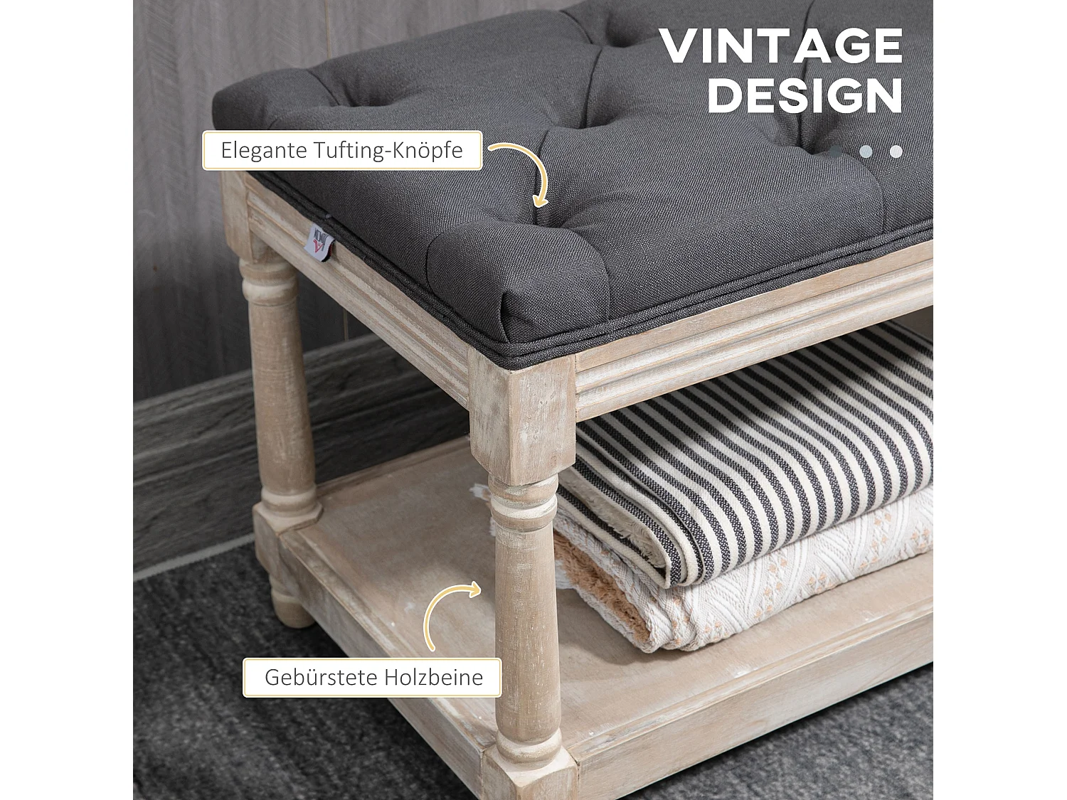 Banc à chaussures avec rangement, assise rembourrée, pieds en bois, tissu lin gris (115x40x48cm)