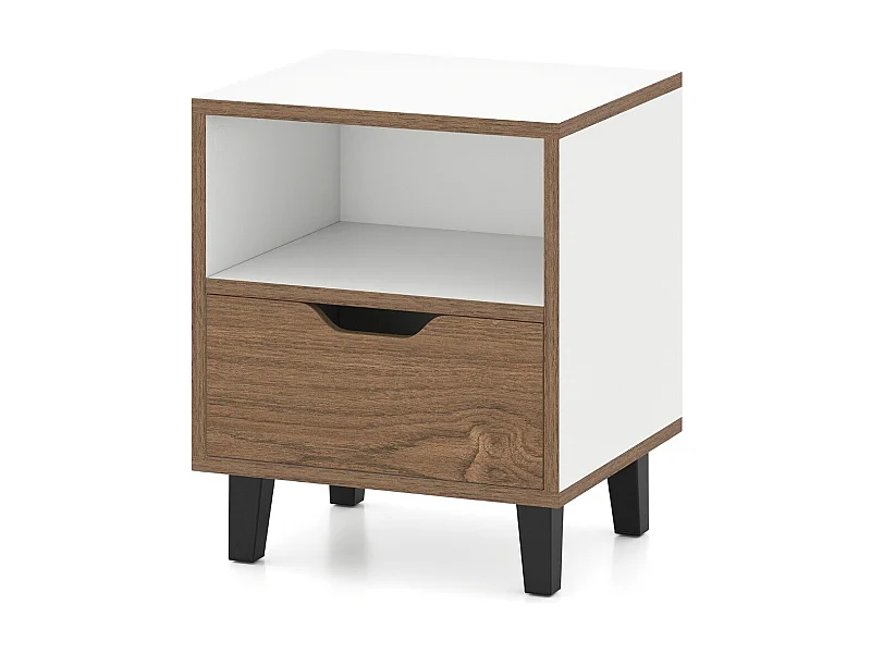 Table de Chevet Table de Nuit Moderne de Style Mi-siècle avec Tiroir Étagère de Rangement Ouverte Pieds Métalliques Naturel