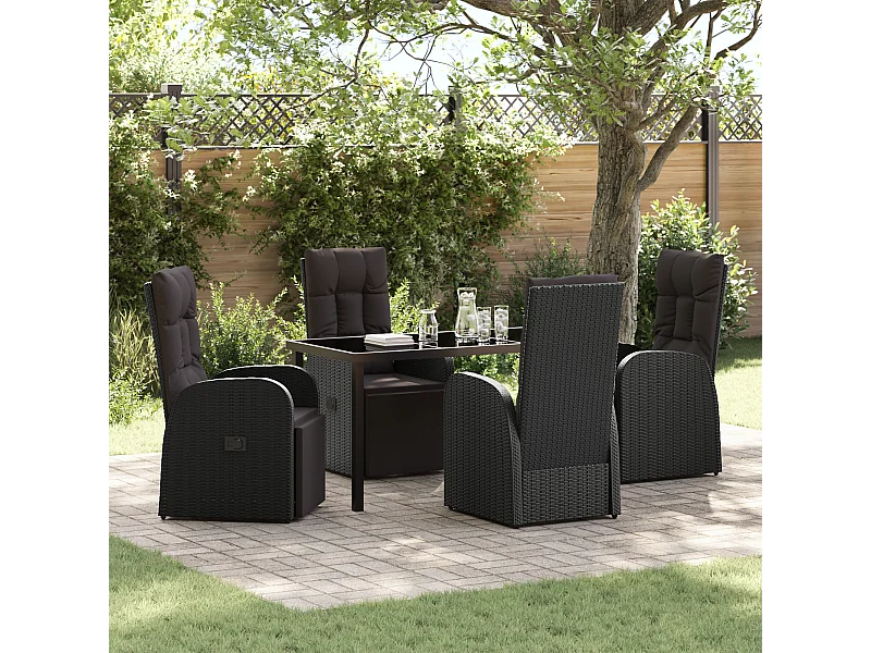5-teiliges Gartenset mit Kissen – Schwarzes Polyrattan