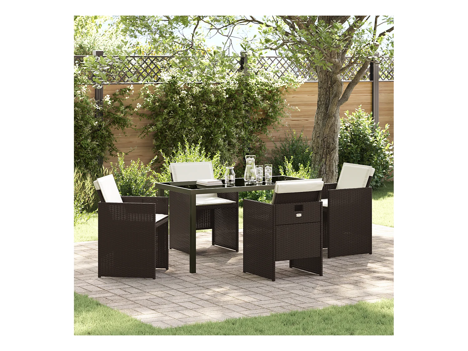 Ensemble de salle à manger de jardin 5 pièces avec coussins en poly rattan marron