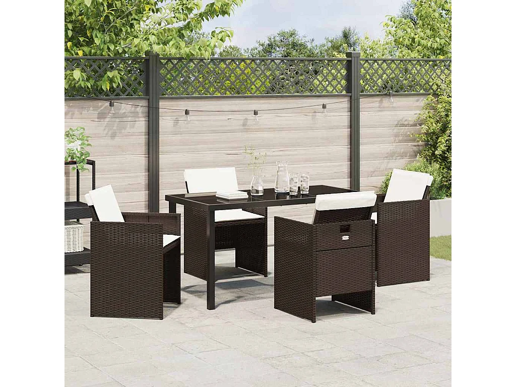 Ensemble de salle à manger de jardin 5 pièces avec coussins en poly rattan marron