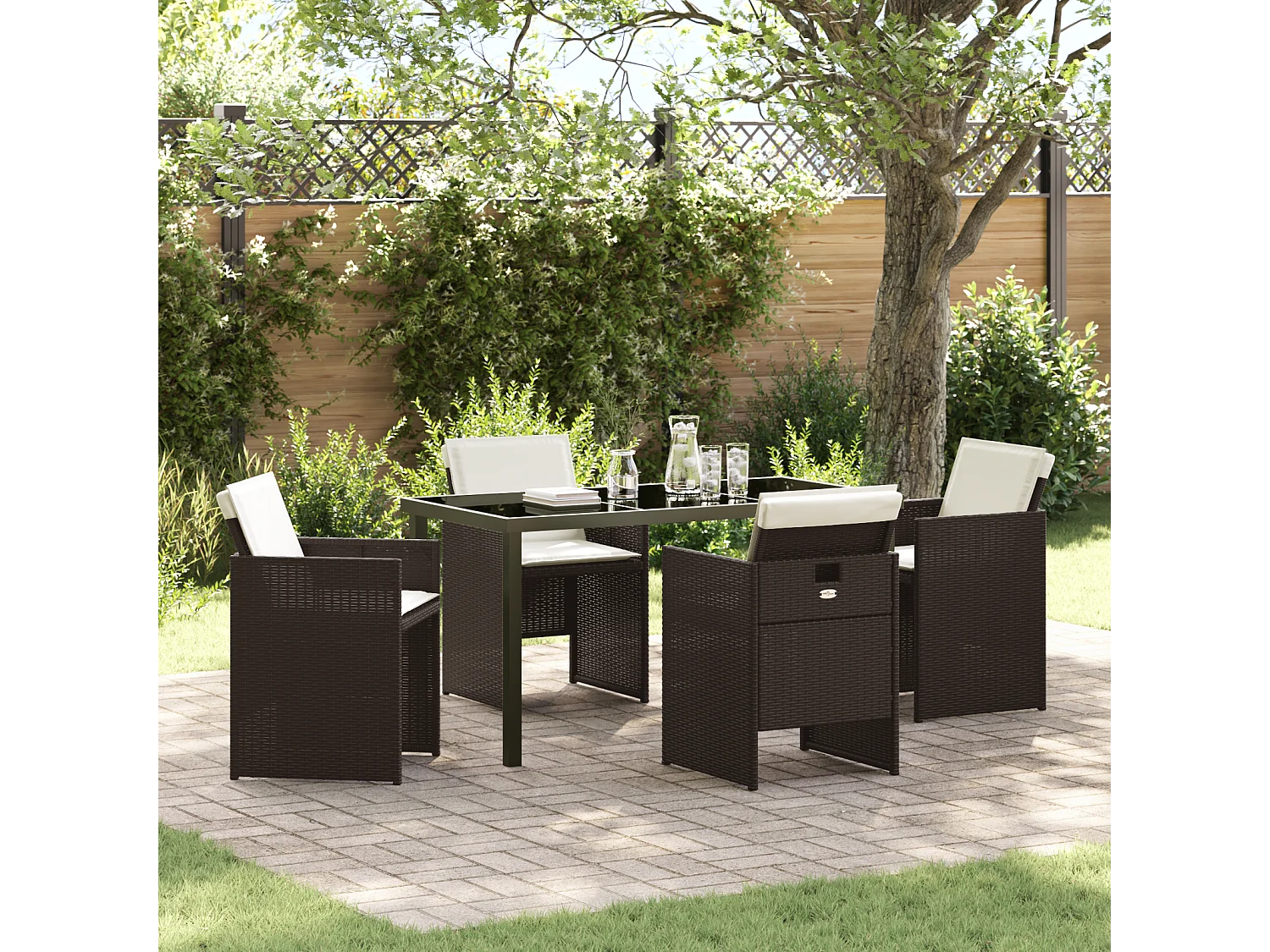 Ensemble de salle à manger de jardin 5 pièces avec coussins en poly rattan marron