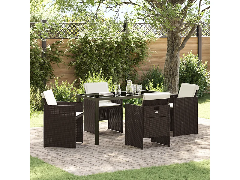 Ensemble de salle à manger de jardin 5 pièces avec coussins en poly rattan marron