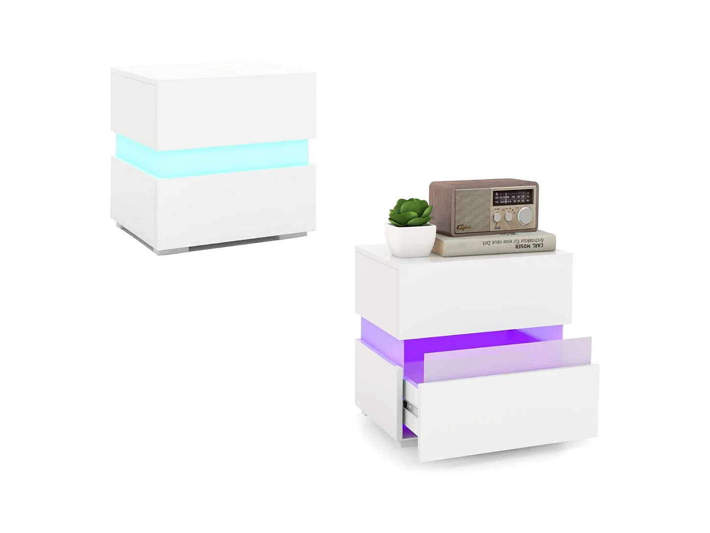 Nachttisch 2er Set LED Nachtkästchen Hochglanz Nachtschrank Nachtkommode mit 2 Schubladen Weiß