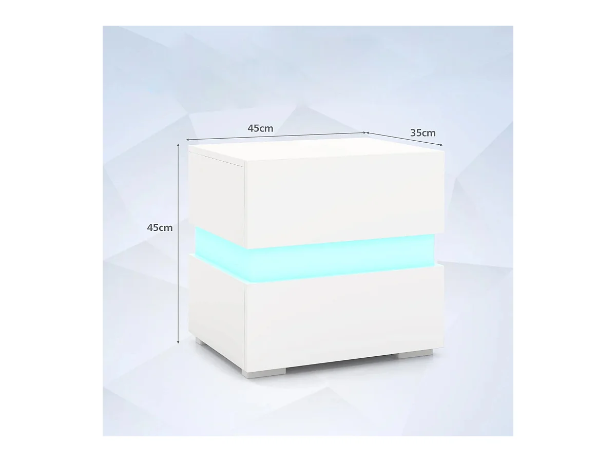 Nachttisch 2er Set LED Nachtkästchen Hochglanz Nachtschrank Nachtkommode mit 2 Schubladen Weiß