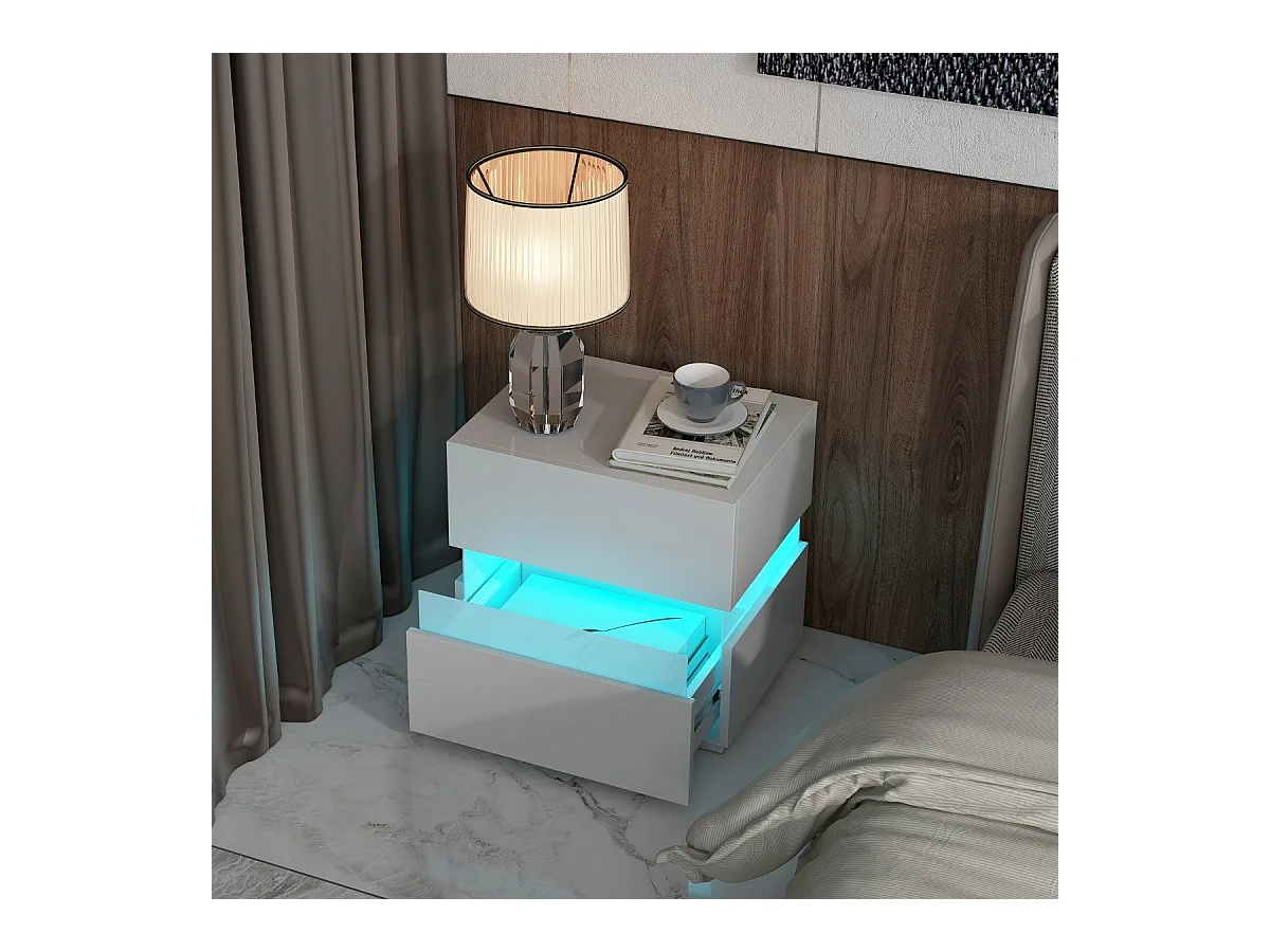 Nachttisch 2er Set LED Nachtkästchen Hochglanz Nachtschrank Nachtkommode mit 2 Schubladen Weiß
