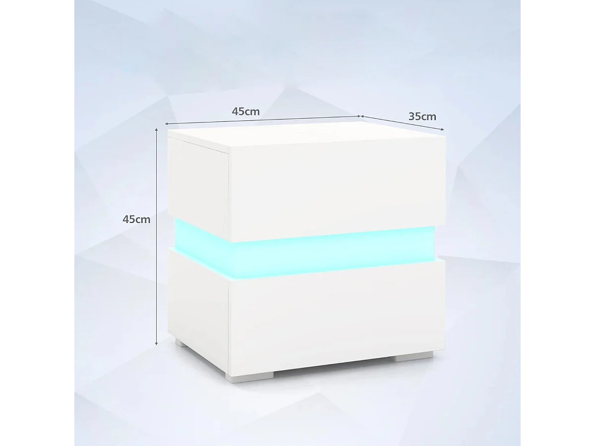 Tavolino comodino a LED con cassetti e telecomando, Comodino con 22 modalità di luce, 10 velocità e 5 luminosità Bianco