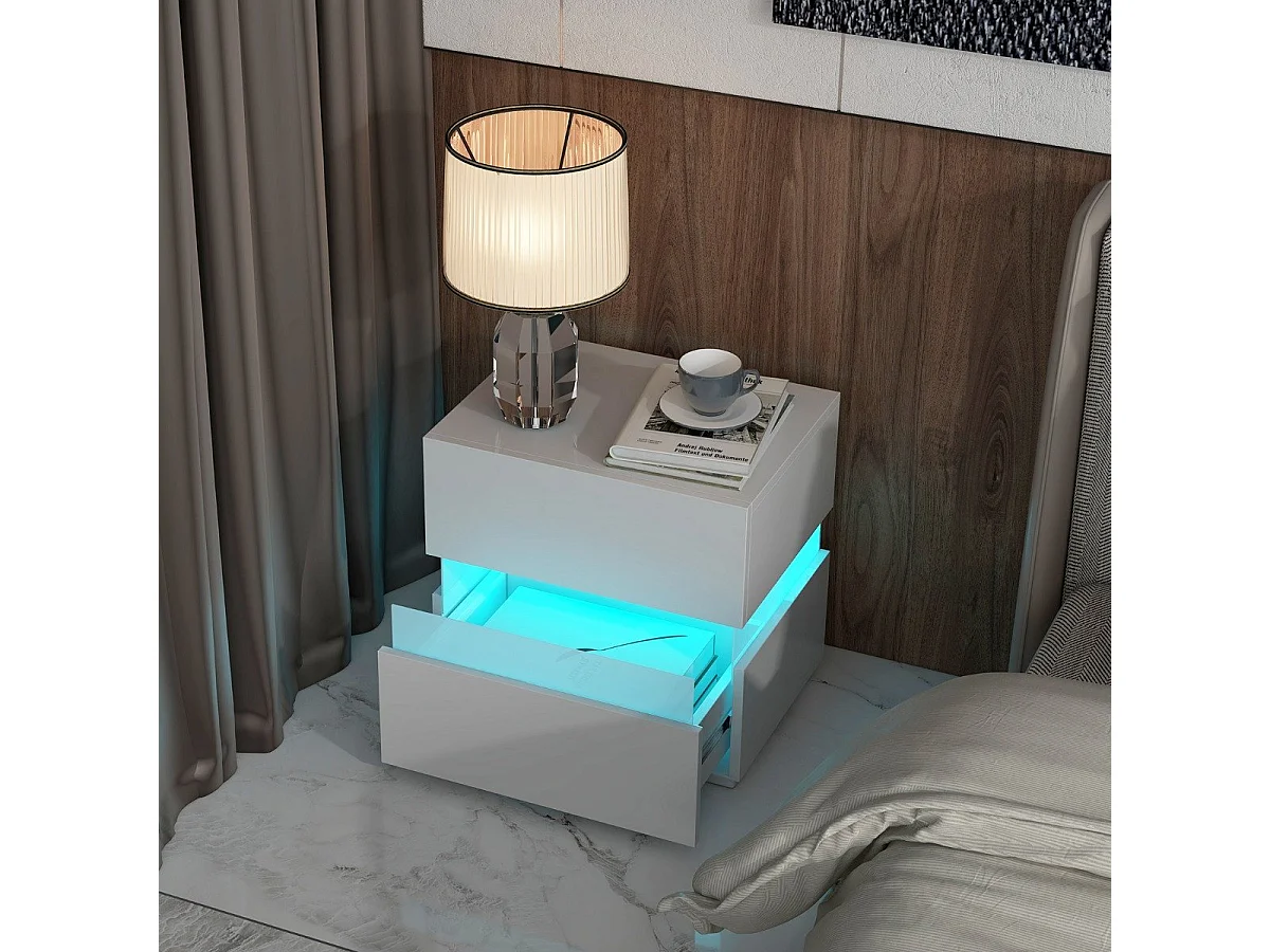 Tavolino comodino a LED con cassetti e telecomando, Comodino con 22 modalità di luce, 10 velocità e 5 luminosità Bianco