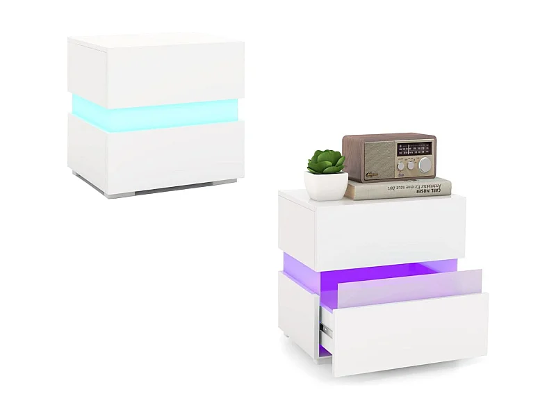 Lot de 2 Tables de Chevet LED 2 Tiroir Table de Nuit Lumineuse Télécommandée 22 Modes 5 Luminosités 10 Vitesses Panneaux Acryliques 45x35x45cm Blanc