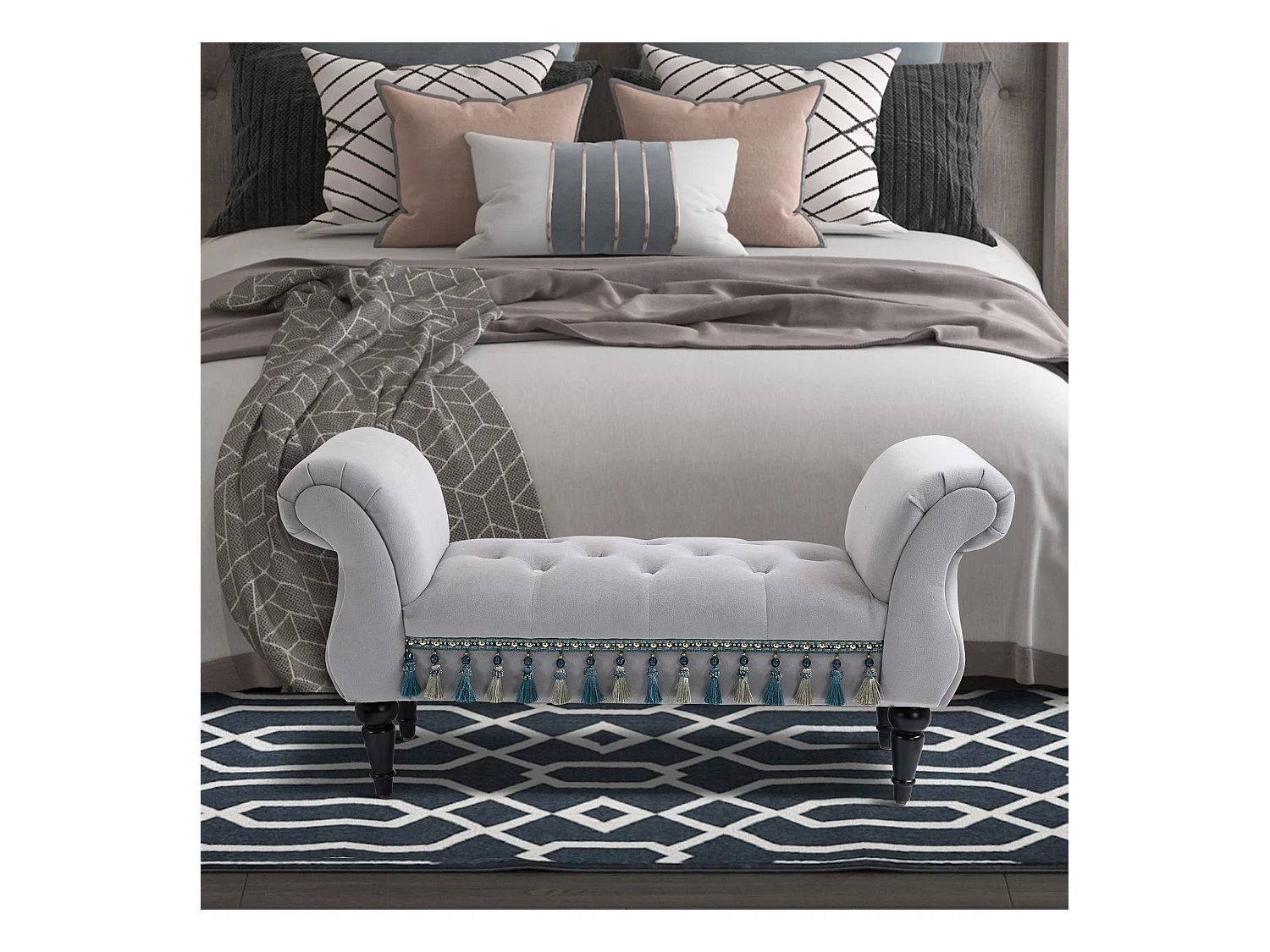 Banc rembourré élégant, structure bois massif, mousse latex, gris clair, multifonction pour salon et chambre (117x40x58cm)