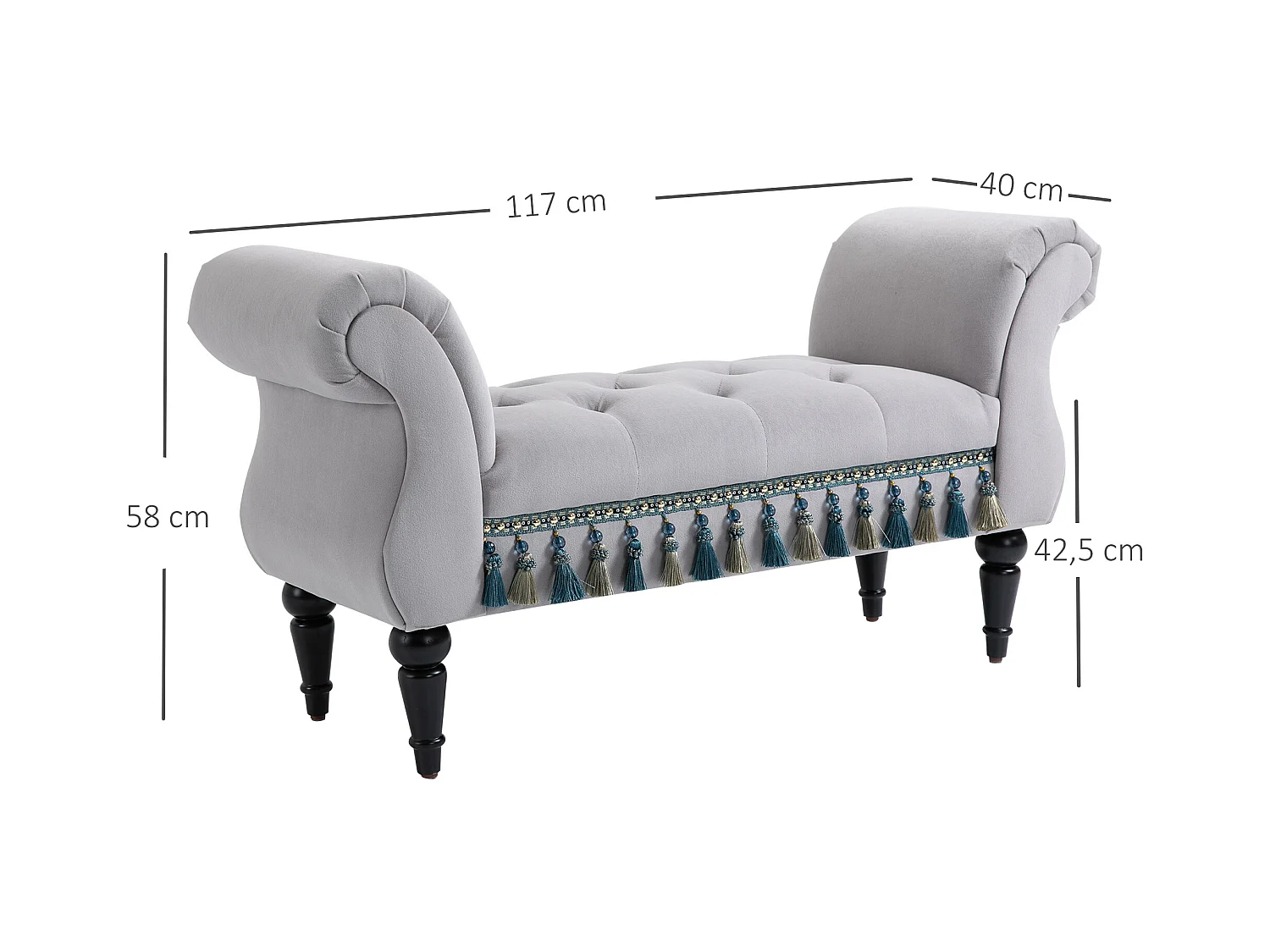 Banc rembourré élégant, structure bois massif, mousse latex, gris clair, multifonction pour salon et chambre (117x40x58cm)