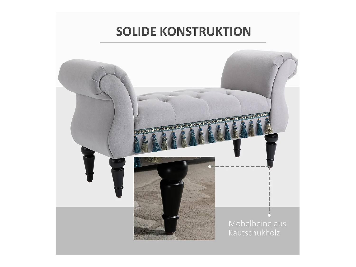 Banc rembourré élégant, structure bois massif, mousse latex, gris clair, multifonction pour salon et chambre (117x40x58cm)