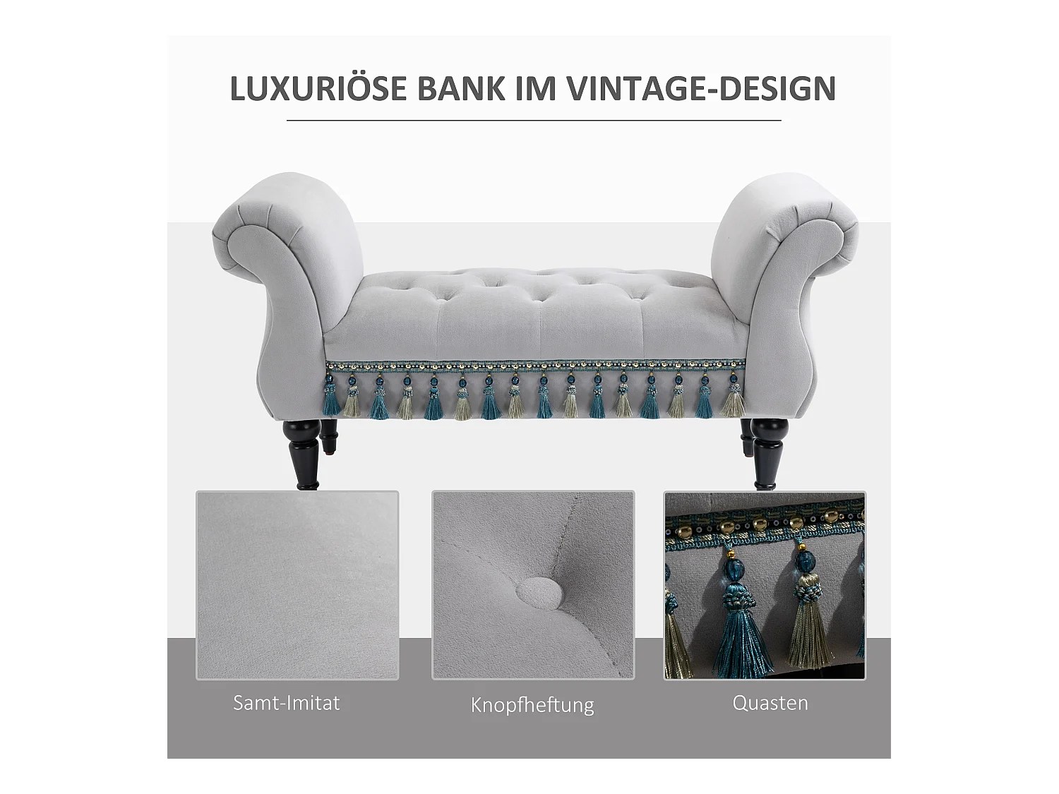 Banc rembourré élégant, structure bois massif, mousse latex, gris clair, multifonction pour salon et chambre (117x40x58cm)