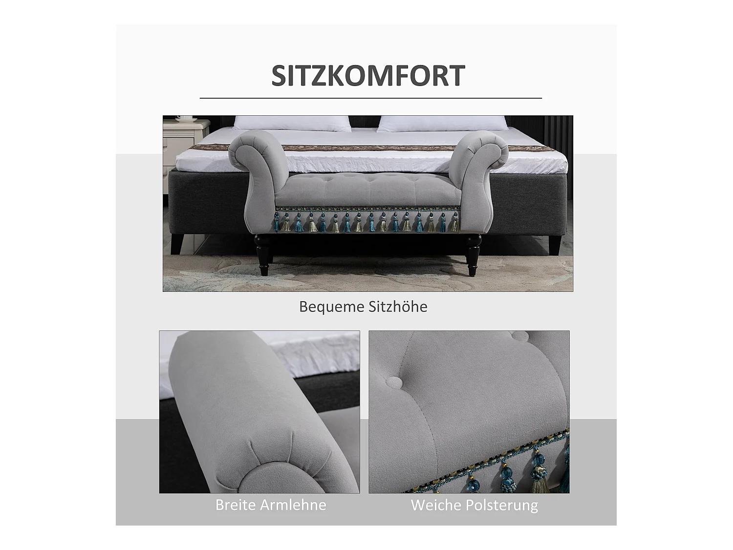 Banc rembourré élégant, structure bois massif, mousse latex, gris clair, multifonction pour salon et chambre (117x40x58cm)