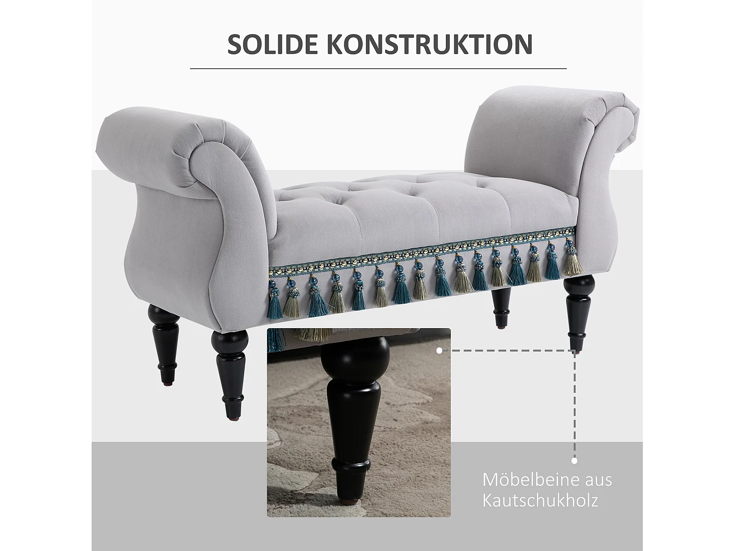 Banc rembourré élégant, structure bois massif, mousse latex, gris clair, multifonction pour salon et chambre (117x40x58cm)