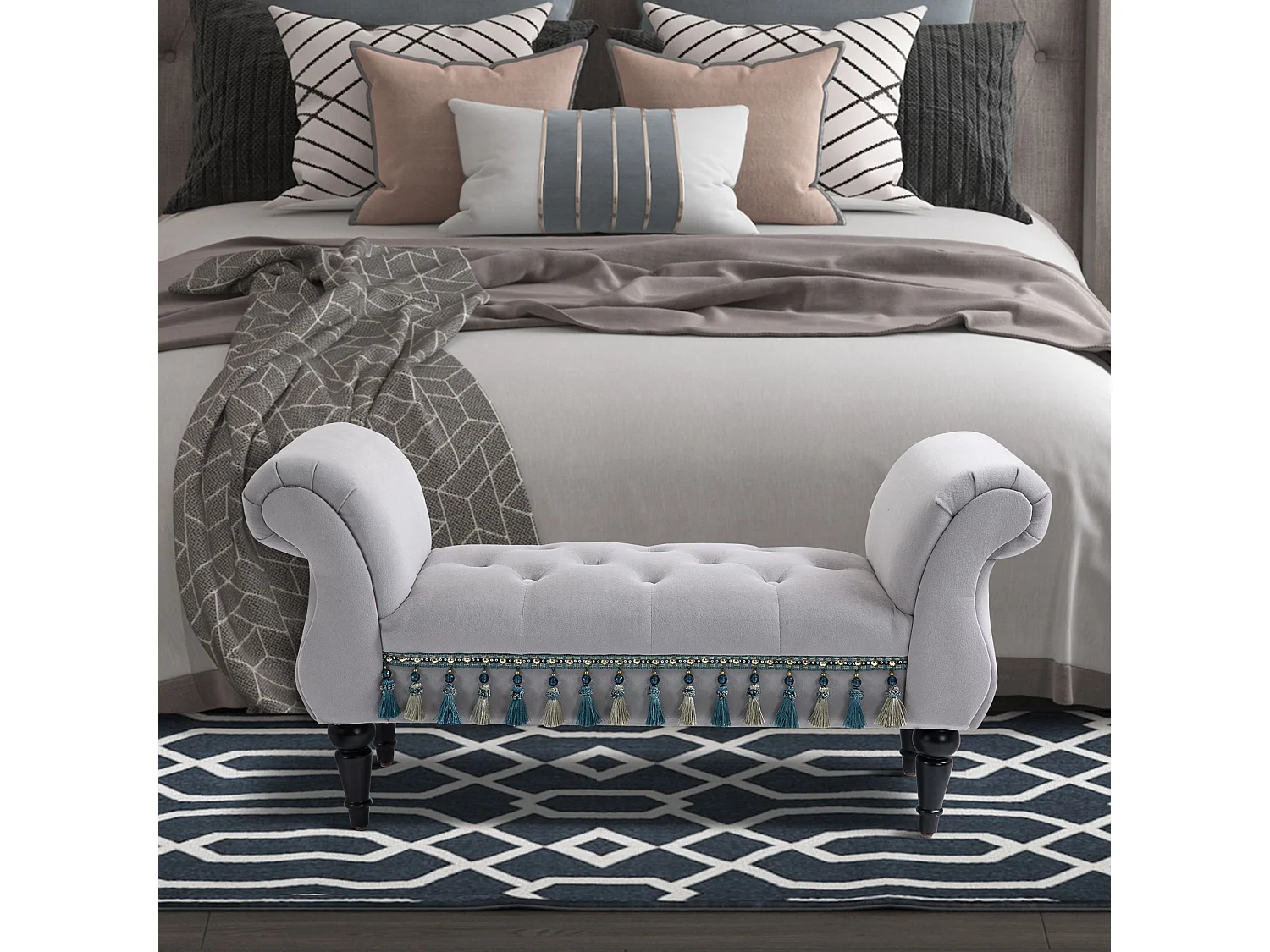 Banc rembourré élégant, structure bois massif, mousse latex, gris clair, multifonction pour salon et chambre (117x40x58cm)