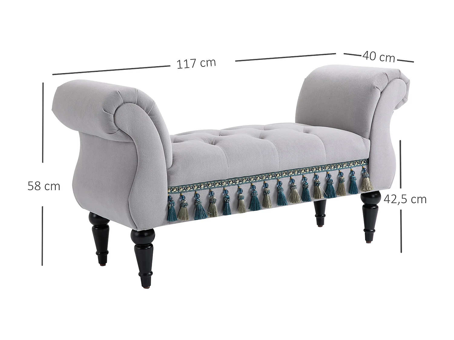 Banc rembourré élégant, structure bois massif, mousse latex, gris clair, multifonction pour salon et chambre (117x40x58cm)