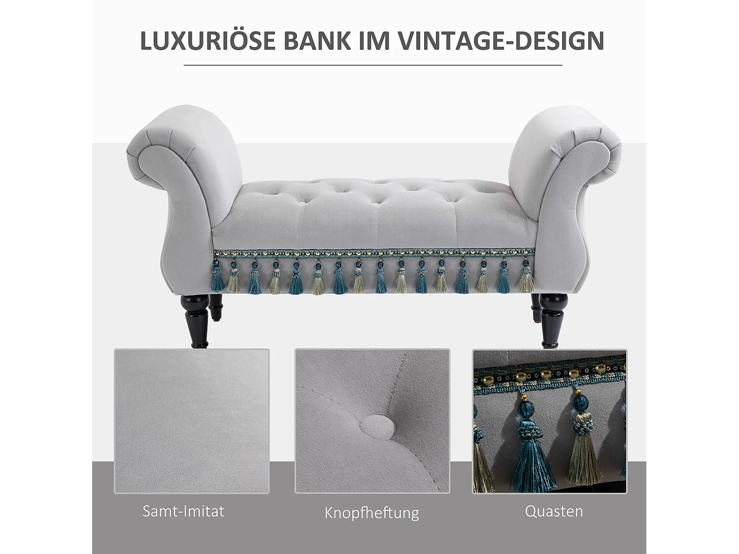 Banc rembourré élégant, structure bois massif, mousse latex, gris clair, multifonction pour salon et chambre (117x40x58cm)