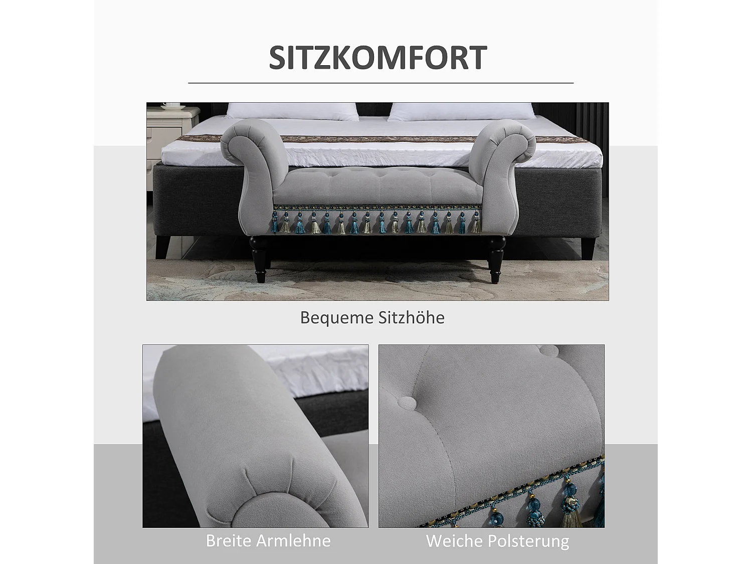 Banc rembourré élégant, structure bois massif, mousse latex, gris clair, multifonction pour salon et chambre (117x40x58cm)