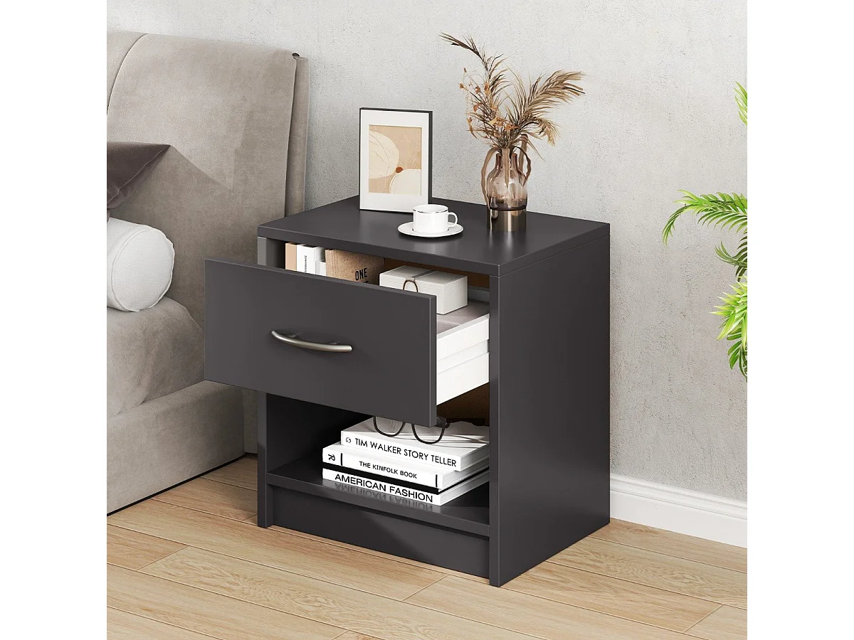 Comodino con cassetto ripiano apertoper soggiorno camera da letto, Tavolino da notte compatto per piccoli spazi Grigio scuro