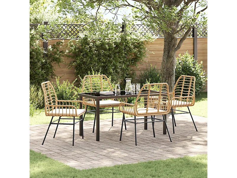 Ensemble de salle à manger de jardin 5 pièces avec coussins Marron Poly Rattan
