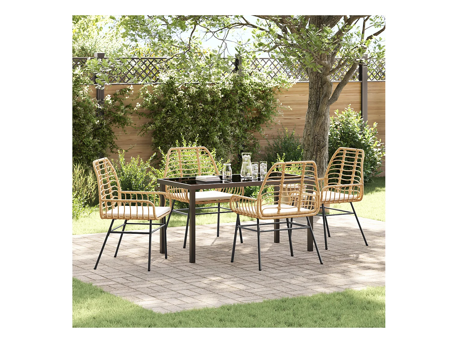 Ensemble de salle à manger de jardin 5 pièces avec coussins Marron Poly Rattan