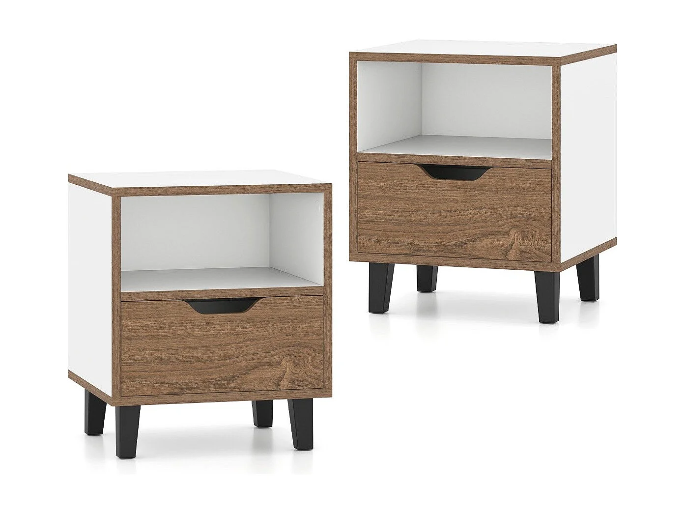 Lot de 2 Table de Chevet Table de Nuit Moderne de Style Mi-siècle avec Tiroir Étagère de Rangement Ouverte Pieds Métalliques Naturel