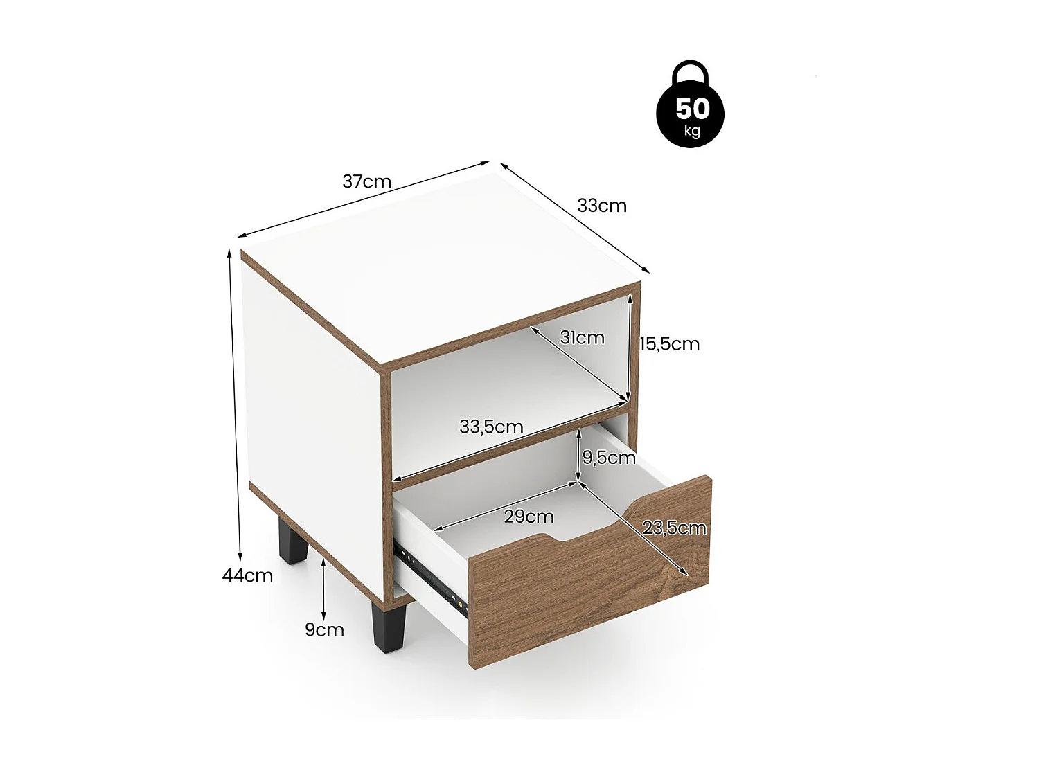 Lot de 2 Table de Chevet Table de Nuit Moderne de Style Mi-siècle avec Tiroir Étagère de Rangement Ouverte Pieds Métalliques Naturel