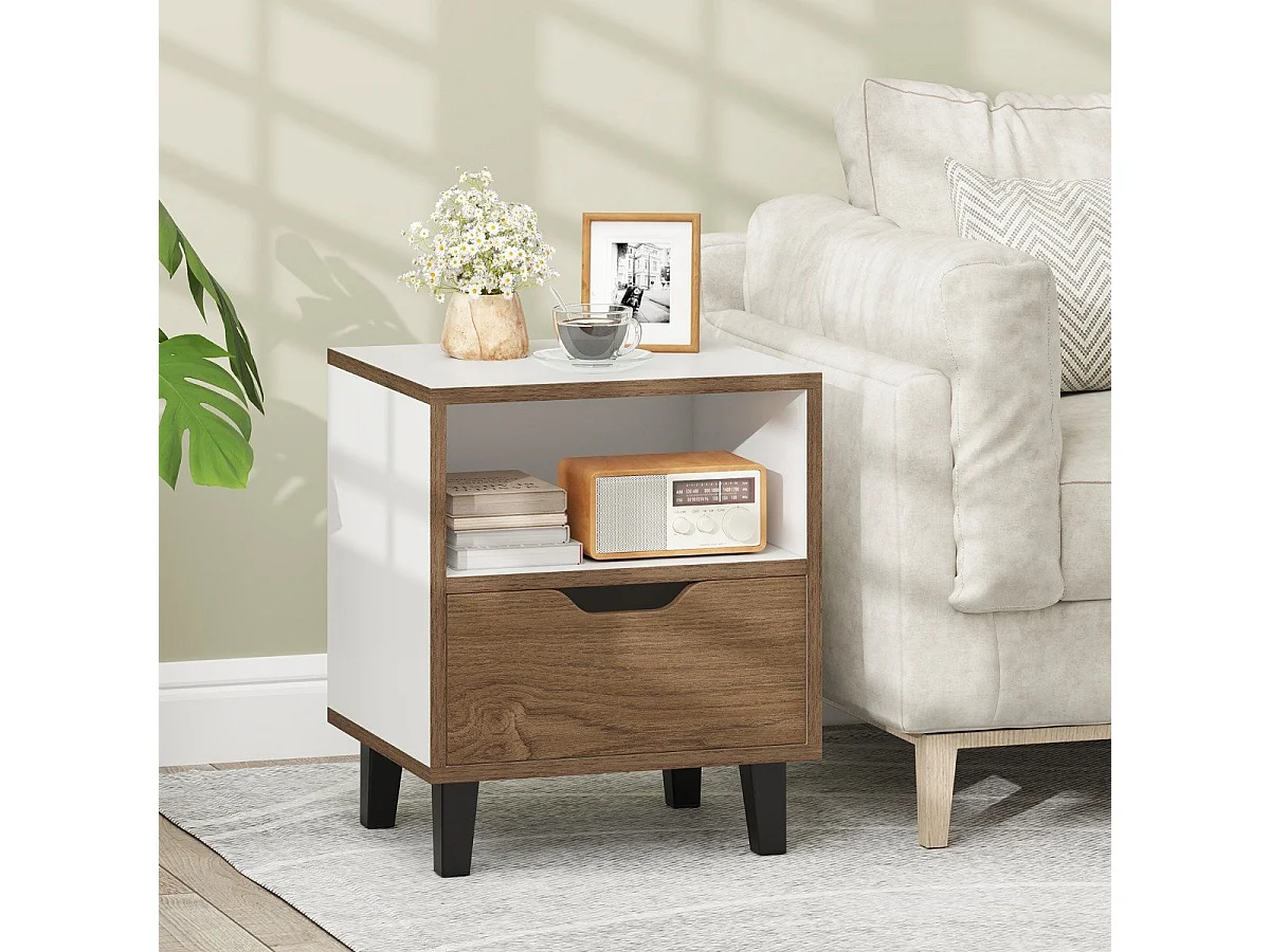 Lot de 2 Table de Chevet Table de Nuit Moderne de Style Mi-siècle avec Tiroir Étagère de Rangement Ouverte Pieds Métalliques Naturel