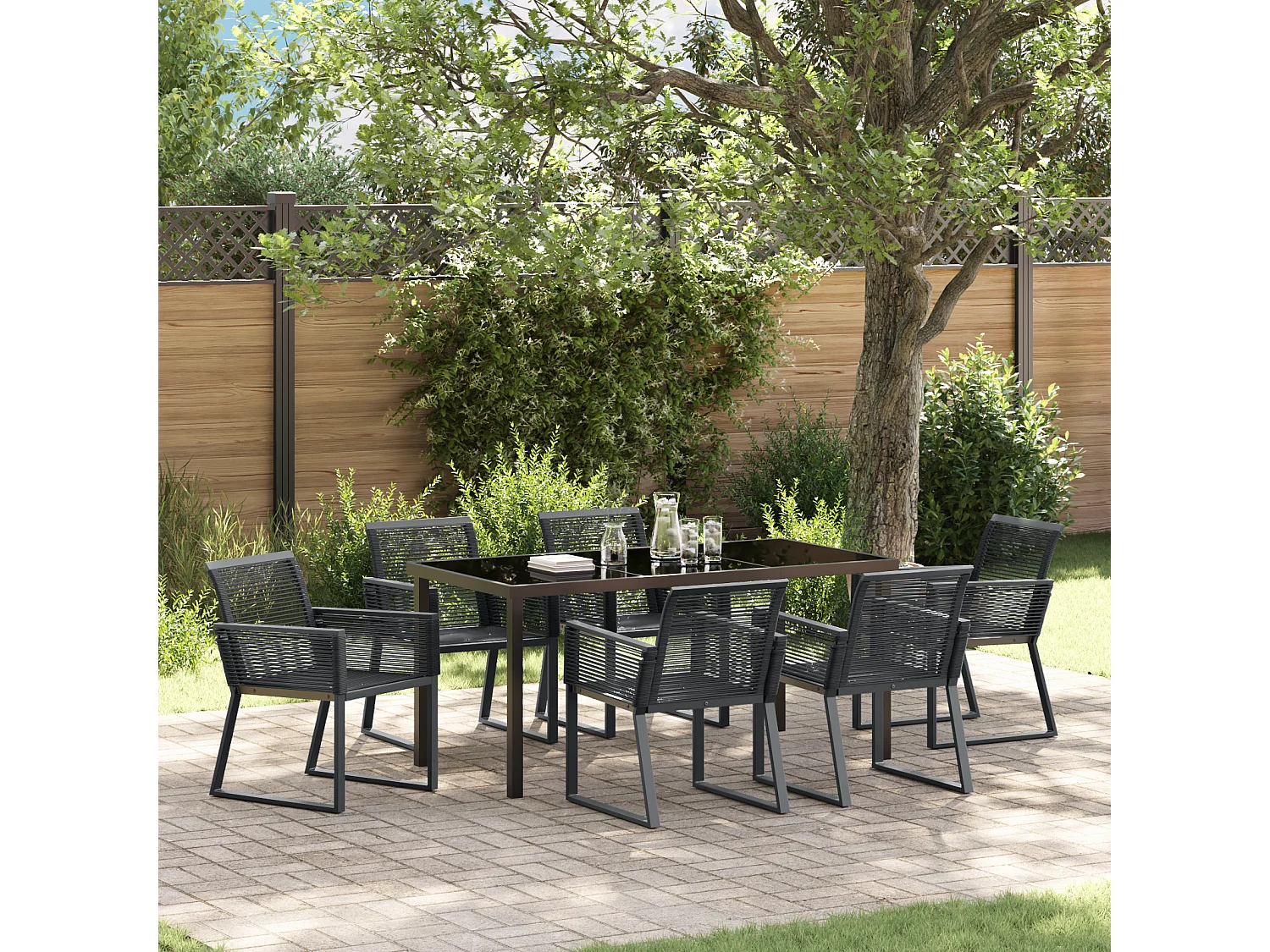 Set da pranzo da giardino in rattan nero da 7 pezzi