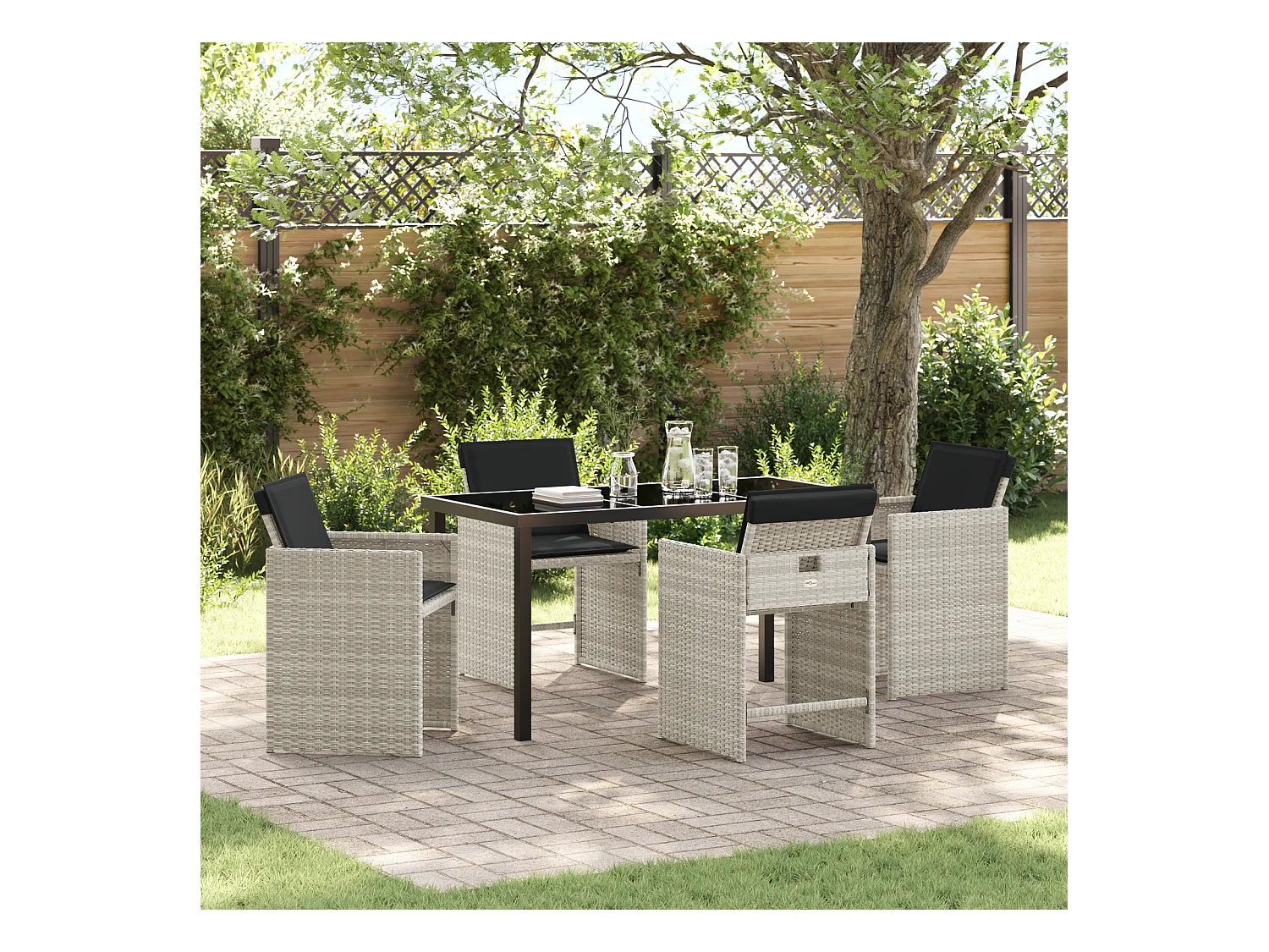 Set da pranzo da giardino 5 pezzi con cuscini grigio chiaro in rattan sintetico