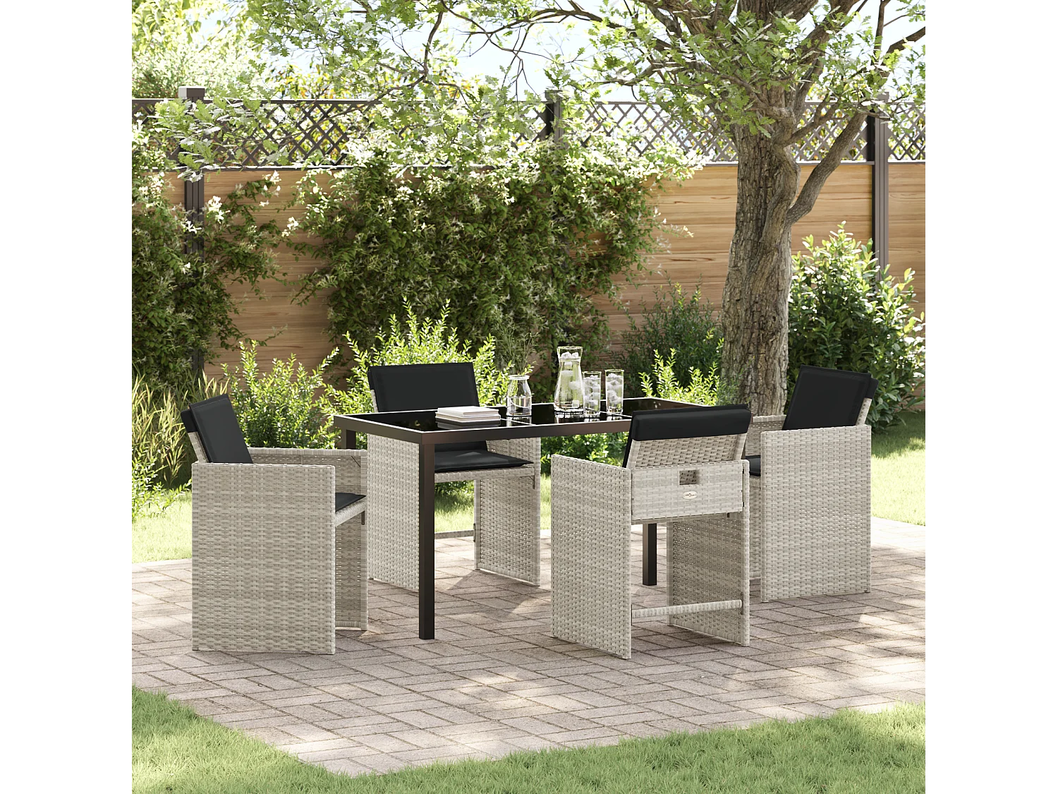 Set da pranzo da giardino 5 pezzi con cuscini grigio chiaro in rattan sintetico