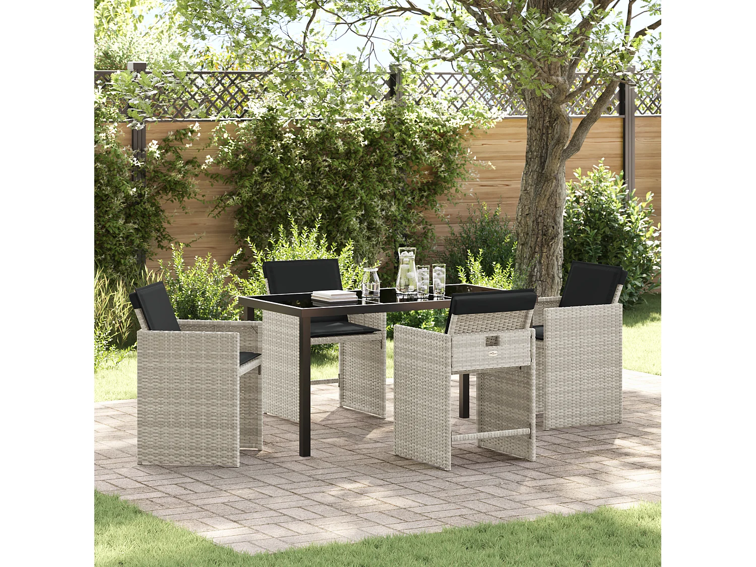 Ensemble de salle à manger de jardin 5 pièces avec coussins gris clair en rattan synthétique