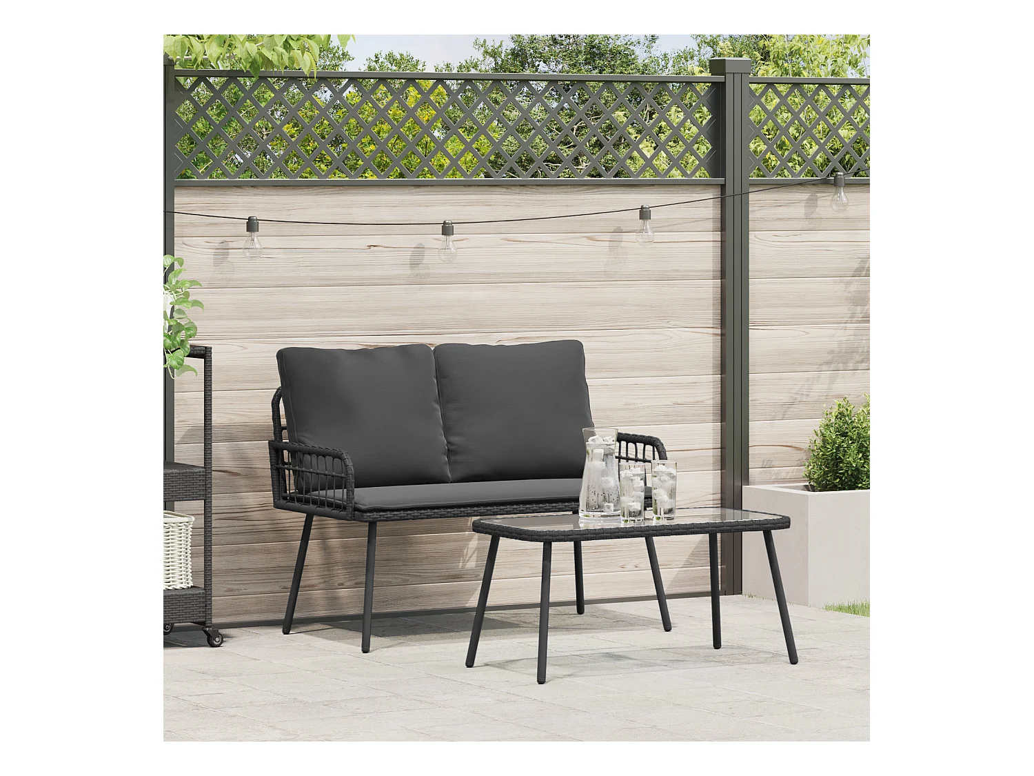 Ensemble de salle à manger jardin avec coussins en poly rattan noir