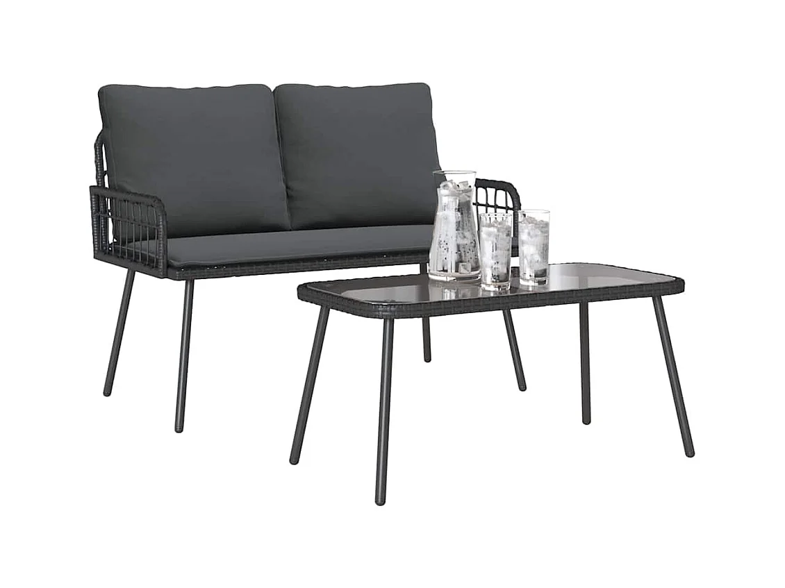 Ensemble de salle à manger jardin avec coussins en poly rattan noir